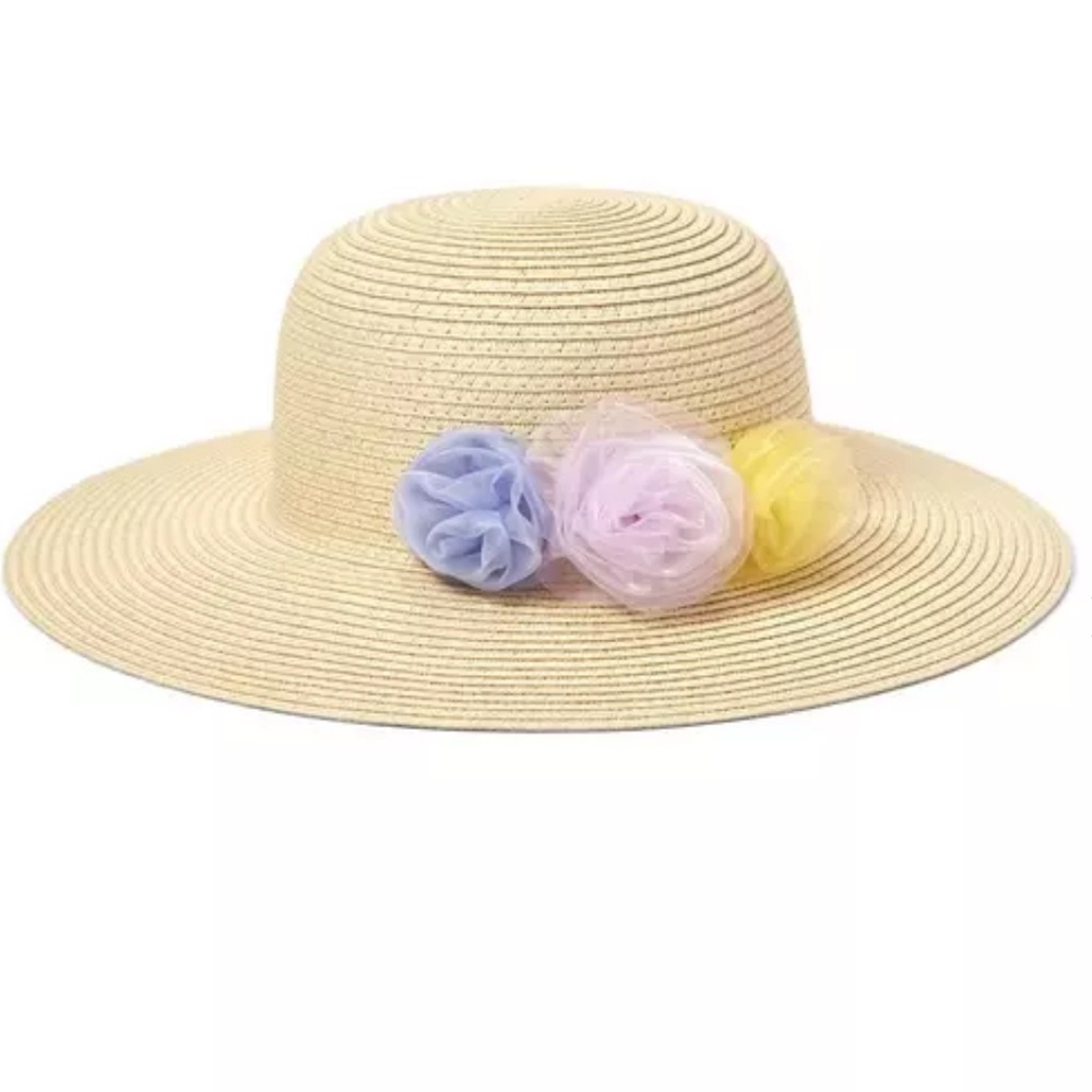 Janie and Jack Girls Triple Flower Straw Sun Hat, Size 6-8